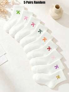 5/10 Pairs Random Style Children's Mid-Calf Socks, White With Colorful Bows, Ruffle Trim, Back To School Essential Casual Wear Socks For Baby Girls - Multicolor - View 9