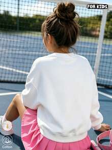 Girls Pink Bow Print Crew Neck Casual Long Sleeve Loose Sweatshirt - White - View 2