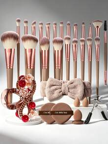 31/22Pcs Coffee All In One Makeup Tools Set , 22Pcs Makeup Brushes , 2Pcs Cushion Powder Puffs , 2Pcs Finger Cushion Powder Puffs , 2Pcs Mini Makeup Sponges , Bow Hairband , Eyelash Curler , Rhinestone Hair Claw , Daily Makeup Kit - Multicolor - View 13