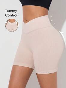 Women's Solid Color High Waist Ribbed Fitted Base Shorts - Apricot - View 4