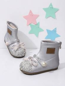 Girls' Shiny Dynamic Thermal Lined Silver Pearl Bow Rhinestone Ankle Boots, Suitable For Stage Performance And Holiday Party Outfits - Silver - View 1