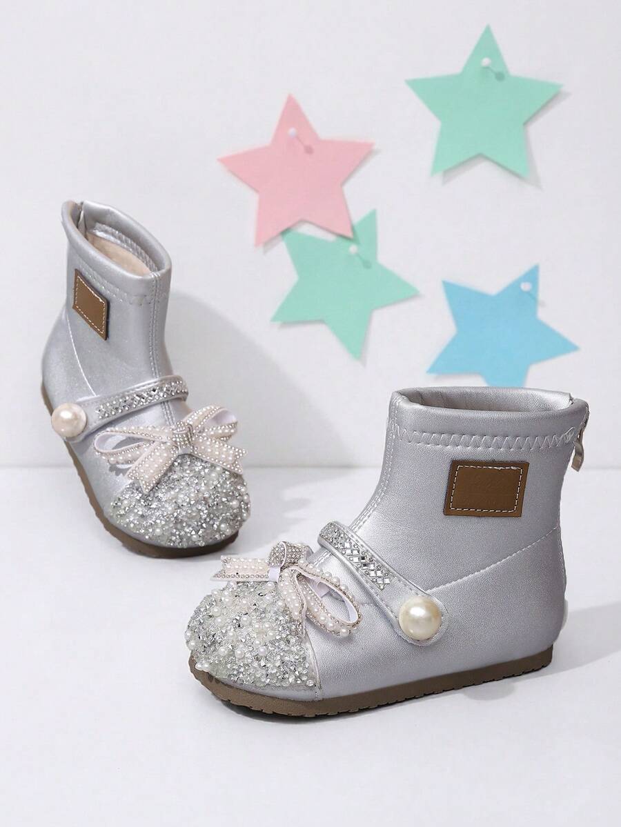 Girls' Shiny Dynamic Thermal Lined Silver Pearl Bow Rhinestone Ankle Boots, Suitable For Stage Performance And Holiday Party Outfits - Silver - View 1