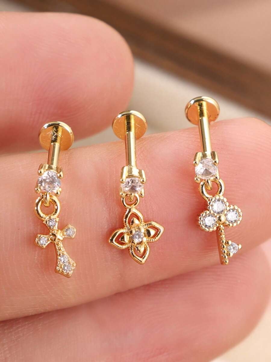 3PCS Gold-Tone CZ Dangle Flat Back Cartilage Earrings, Internally Threaded Helix Tragus Conch Studs With Bow, Flower & Key Pendants - 3pcs C Style - View 1