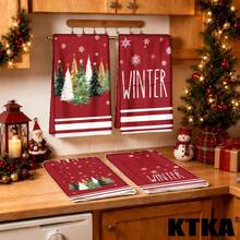 2 buah Lap Dapur Natal, Latar Belakang Merah dengan Motif Pohon Natal & Slogan "Hello Winter", Handuk Dapur Dekorasi Rumah Natal Liburan - Red and White - View 8