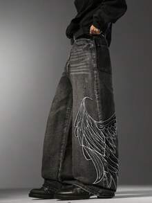 Men's Gothic Street Wide Leg Jeans, Exquisite Niche Side Embroidery, Loose Stylish Versatile All-Season Long Pants (No Belt & Accessories Included) - Black - View 5