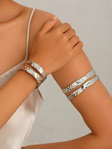 1 Set 2pcs Minimalist Unique Asymmetric Double Layer Open Cuff Bracelet Armlet Jewelry Set, Smooth Adjustable, Suitable For Women's Daily, Vacation, Party Wear - Silver - View 2