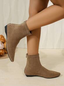 Khaki Suede Pointed Toe Flat Ankle Boots For Women, Autumn/Winter, Back Zipper, Elastic, Slimming, Versatile - Khaki - View 5