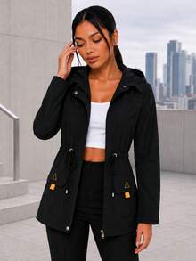 Women's Hooded Utility Jacket With Adjustable Cinched Waist Flap Pockets Zip Front Casual Mid Length Coat - Black - View 5