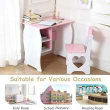 Kids Desk And Chair Set, Wooden Children Study Table With Stool, Storage Shelves, School Students Workstation For Studying, Reading And Drawing - Pink - View 8