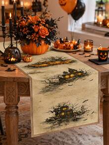 1pc Halloween Linen Table Runner, Vintage Gothic Rectangular Table Decor With Haunted House, Pumpkin, Bat And Bare Tree Print, Farmhouse Tabletop Decoration For Halloween Party, Kitchen And Home - Multicolor - View 8