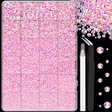 Pink Jelly AB Resin Rhinestone Set, 24-Compartment Transparent Storage Box, Mixed Size Flat Back Rhinestones, With Tweezers And Dotting Pen Full Tool Kit. Organized Storage Prevents Clutter, Suitable For DIY Crafts, Phone Case Decoration, Clothing Modification, Jewelry Making, Beginner-Friendly Rhinestone Application Accessory Set - Pink - View 1