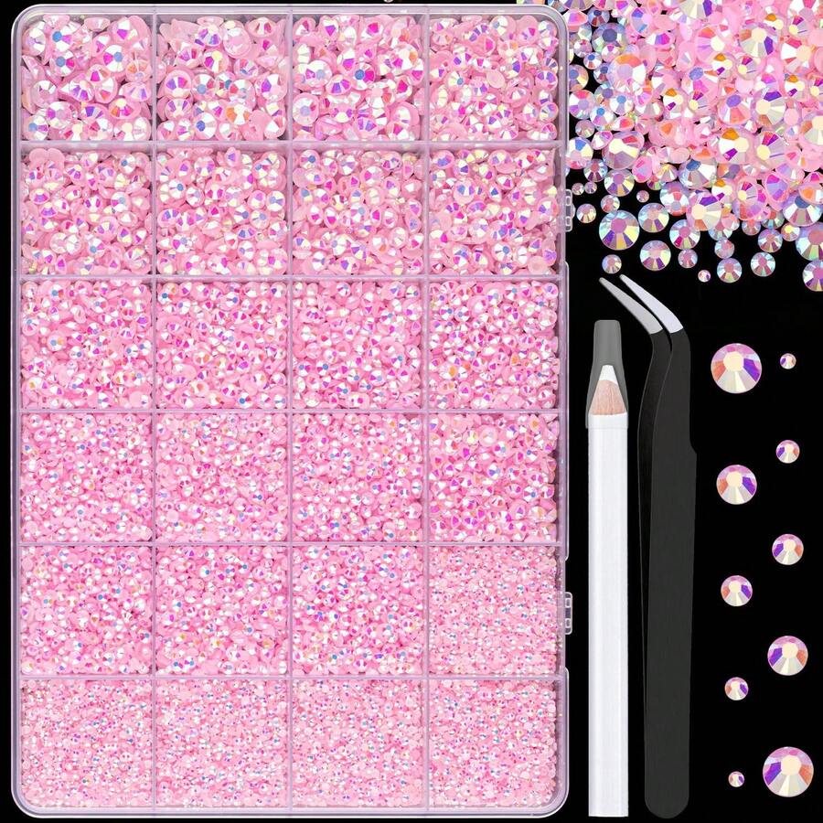 Pink Jelly AB Resin Rhinestone Set, 24-Compartment Transparent Storage Box, Mixed Size Flat Back Rhinestones, With Tweezers And Dotting Pen Full Tool Kit. Organized Storage Prevents Clutter, Suitable For DIY Crafts, Phone Case Decoration, Clothing Modification, Jewelry Making, Beginner-Friendly Rhinestone Application Accessory Set - Pink - View 1