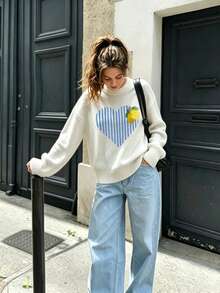 LOVE JOYY Women's Fun Heart & Lemon Striped Print Round Neck Knit Sweater, Soft & Fluffy - White - View 1