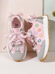 Girls' Colorblock Chunky Sneakers With Colorful Floral Embroidery, Lace Ribbon Bow, Lightweight Non-Slip Soft Sole Casual Sports Shoes - Pink - View 2