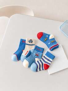 5 Pairs Cute Cartoon Car Pattern Boys Mid-Calf Socks, Soft Breathable Elastic Comfortable, Autumn/Winter Daily Casual Socks - Multicolor - View 3