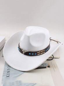 Unisex Western Cowboy Hat, Suede Hat, Black Cowboy Hat, With Metal Bull Head Decoration, Turquoise Color Rivet Leather Strap, Windproof Chin Strap, Suitable For Rodeo, Festival Celebration, Party, Halloween Costume, Bohemian Style Party, Halloween Outfit And Commuting Travel Use. - Multicolor - View 4