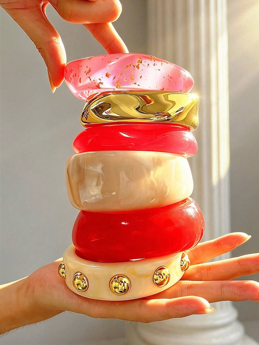 Random 3pcs/1pc Fashion Elegant Vintage Vacation Casual Style Multi-Element Red Pink Transparent Colorful Rivet Tie-Dye Resin Stacked Geometric Asymmetrical CCB Exaggerated Thick Stacked Bracelet Set Simple Personalized Y2K High-End Feel Bangle Suitable For Women Men Couples Best Friends Autumn Winter Vacation Party Date Evening Banquet Gift Daily Outfit - Multicolor - View 1