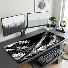 1pc Black Wave & Japanese Samurai Sword Mouse Pad, Black & White Color Scheme, Large Desk Mat, Stitched Edge, Non-Slip Rubber Base, Suitable For Home Office, Multiple Sizes Available, Gift For Boyfriend/Girlfriend - Wave Katana - View 7