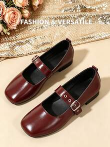 Women's Round Toe Low Heel Mary Jane Shoes, Metal Buckle Strap Shallow Vamp Shoes, Minimalist Korean Style Spring Autumn Commute Versatile Shoes - Burgundy - View 1