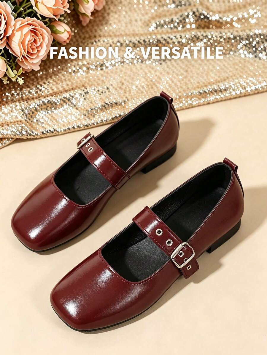 Women's Round Toe Low Heel Mary Jane Shoes, Metal Buckle Strap Shallow Vamp Shoes, Minimalist Korean Style Spring Autumn Commute Versatile Shoes - Burgundy - View 1