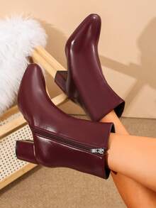 Women's Burgundy Solid Color Faux Leather Ankle Boots, Round Toe, Chunky Heel, Side Zipper, Suitable For Date, Party, Autumn/Winter - Burgundy - View 7