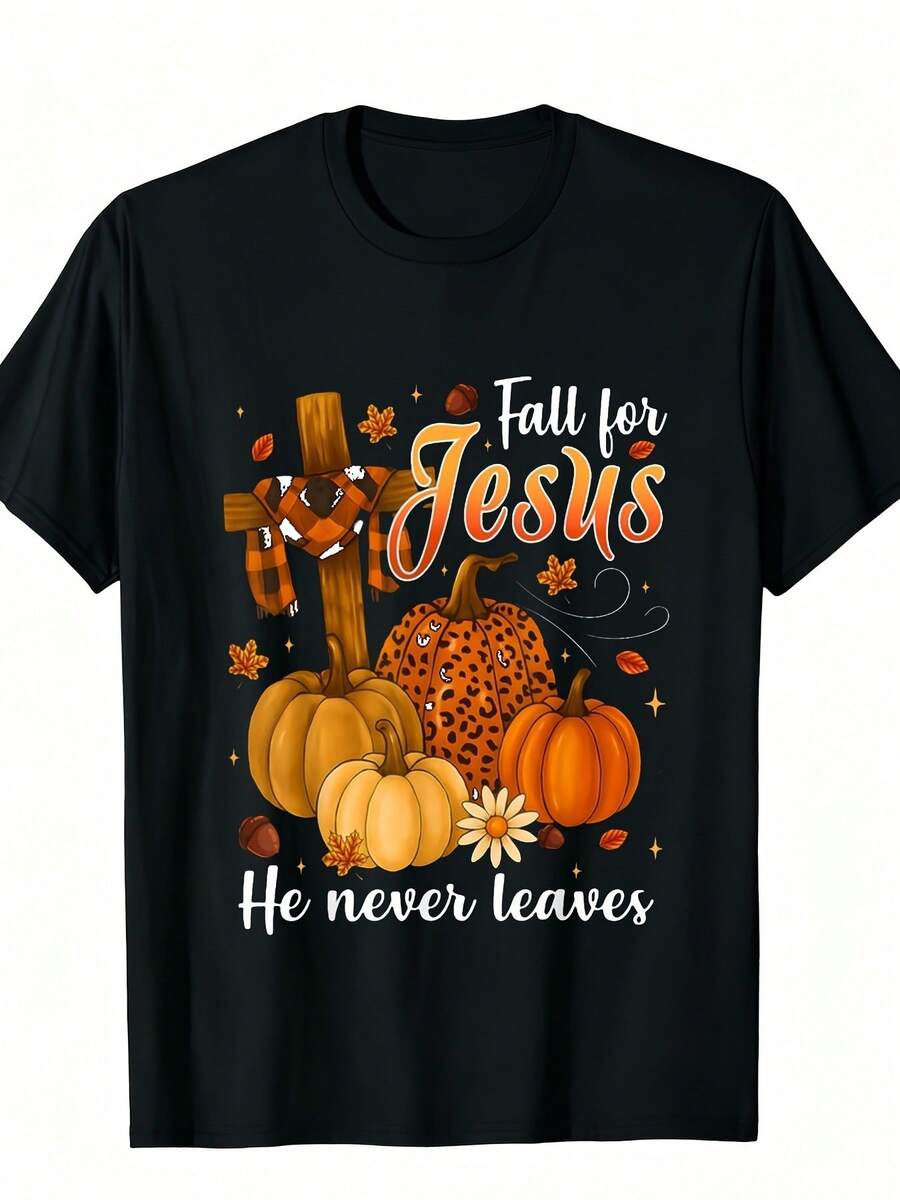 Men's Fashion Halloween Style Jesus Cross & Large Pumpkin Print T-Shirt - Black - View 1