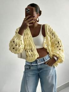 Spring/Summer New Women Knitted Cardigan, Casual Street Style, Hollow-Out Design With Button, Long Sleeve Solid Color Jacket With Unique Design Fall - Light Yellow - View 2