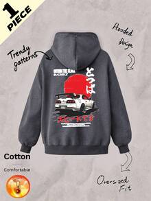 Autumn Winter Unisex Fleece Hoodie With White Racing Car Print On Red Circle Background And Japanese Text, Y2K - Dark Heather Grey - View 1