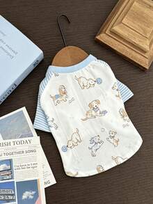 Cute Cartoon Puppy Print Dog Shirt For Small Medium Dogs Cats, Fall Colorblock Raglan Sleeve Pet T-Shirt, Soft Striped Dog Clothes, Breathable Pet Home Loungewear For Boy Girl Puppy Kitten - Blue - View 3