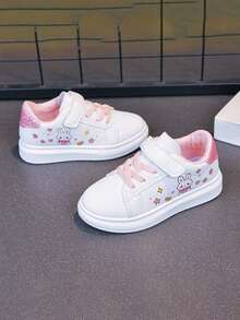 Girls Cute Rabbit Print White Sneakers, Hook And Loop Soft Sole Anti-Slip Skate Shoes, Star And Heart Casual School Slip-On Shoes - Pink - View 7