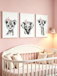 3Pcs Canvas Wall Art, Unframed Waterproof Posters, Leopard Elephant Giraffe Print, Home Decor, Nursery Kids Boys Girls Bedroom, Perfect Gift - Multicolor - View 1
