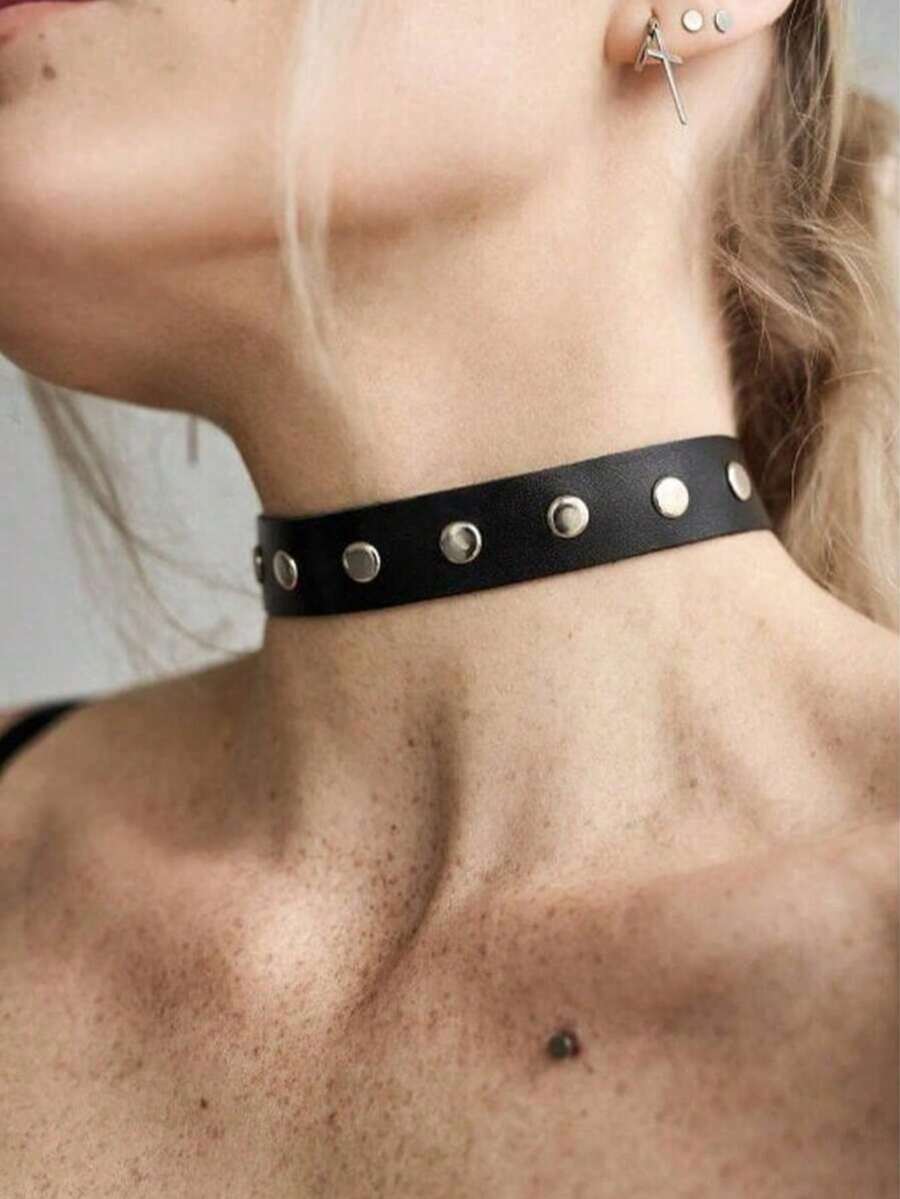 1pc Women's Gothic Style Black Silver Buckle Sexy Choker Necklace, Suitable For Daily Wear And Party - Black - View 1