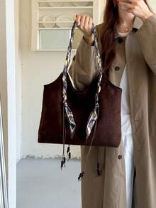 1pc Coffee Brown Vintage Suede Large Capacity Tote Bag, Decorated With Silk Scarf, Soft Shoulder Bohemian Style Handbag, Large Capacity, Suitable For Daily, Work, Travel - Coffee Brown - View 3