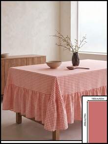 1pc Pink And White Small Checkered Tablecloth, Warm Pastoral Style, Fabric Material, Rectangular Long With Ruched Edge And Pleated Detail, Decorative And Functional, Suitable For Daily Home Dining Scenes - Pink - View 16