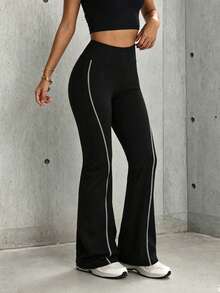 Hidkat Women's Fashion Solid Color Patchwork High Waist Yoga Casual Sports Knit Long Pants - Black - View 5