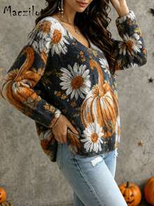Plus Size Autumn/Winter 3D All-Over Print Halloween Commuter Sweater, Loose Fit Flattering V-Neck Long Sleeve Knit Pullover Top - Color - View 4
