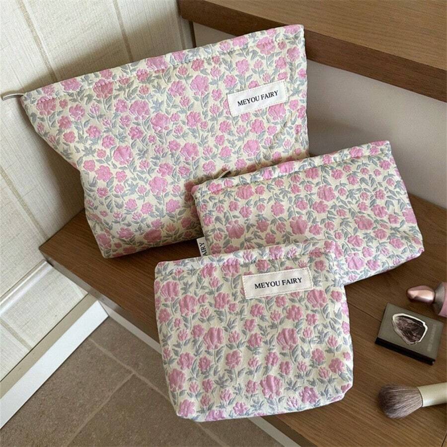 AGG Fresh Pink Floral Large Makeup Bag For Women, Inner Bag, Portable Travel Toiletry Bag, Handbag, Multi-Functional Skincare Storage Bag, Sanitary Pad Storage Bag, Gift For Mom/Girlfriend, Student Pencil Case - Multicolor - View 1