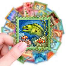 50pcs Vintage Postage Stamp Style Ocean Music Doodle Stationery PET Stickers, Suitable For Party Decoration, Business, Handmade DIY And Reward Charts, Reward Doodle Stickers - Multicolor - View 6