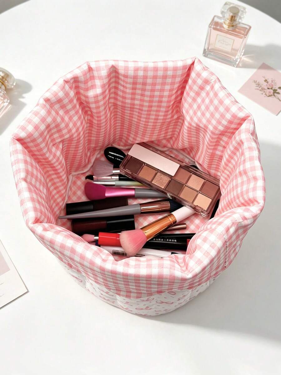 1pc Cute Grid & Bow Desktop Items Storage Bucket Folding Accessories Storage Basket Quilted Makeup Basket Household Sundries Organizer Bucket For Girl - Pink - View 1