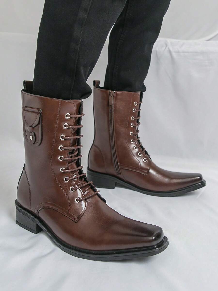 Men's Brown Lace-Up Boots, Square Toe, Distressed Leather, Side Zipper, Thick Heel, Structured Silhouette, Clean Lines, Formal Suit Wedding Banquet Boots - Brown - View 1