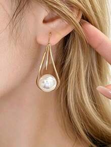 1 Pair Gold Twisted Wire Pearl Drop Earrings, Minimalist Open Hook Fashion Women's Jewelry - Gold - View 4