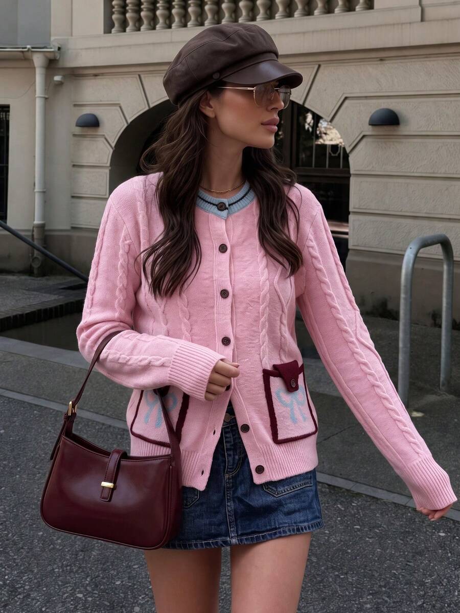 JIANHU Pink Bow Pocket Cardigan - Autumn/Winter - Pink - View 1