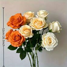 14pcs Multicolor Autumn Artificial Roses, Champagne & Orange Long Stem Roses, Realistic Artificial Rose Bouquet, Thanksgiving Christmas DIY Wedding Home Party Office Decoration - Multicolor - View 3