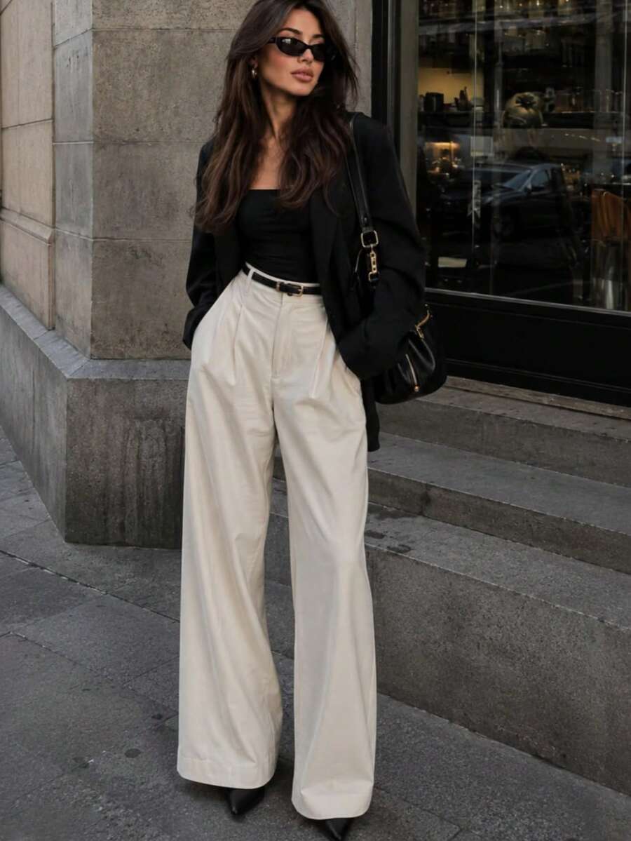 Women's Solid Color Loose Straight Leg Pants For Office, Daily, Campus, Dating, Vacation, Commuting - White - View 1