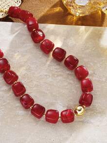 1pc Vintage Casual Red Chunky Geometric Pattern Beaded Collarbone Necklace, Suitable For Women's Daily Wear, Party, Date, Christmas Gift - Red - View 5