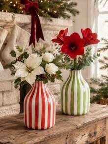 1pc Classic Striped Round Vase, Practical Floral Arrangement Vase, Desktop Decor, Suitable For Indoor Display, Applicable For Christmas Winter Holiday Home Party Decoration - Small Round Bottle - View 6