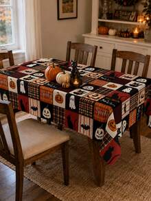 1pc Vintage Patchwork Halloween Polyester Tablecloth, Black Cat, Pumpkin, Ghost, Bat, Skeleton & Plaid Print Rectangular Table Cover For Halloween Party, Dining Room, Kitchen And Home Decor - Multicolor - View 4