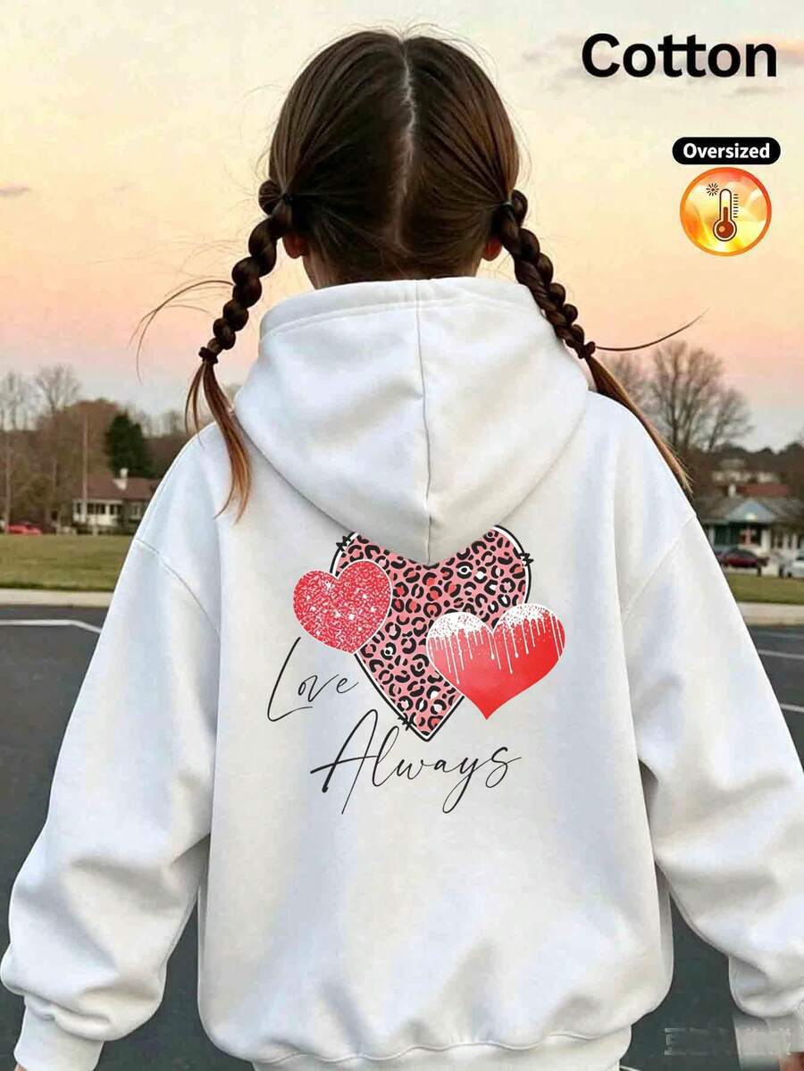 2026 Autumn/Winter Girls' Custom Loose White Hoodie, Leopard Print And Red Gradient Heart Pattern, Letter Print, Casual Cute Style - White - View 1