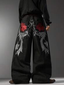 Men's Minimalist Y2K High Street Wide Leg Jeans, Textured Exquisite Embroidery On Back Pockets, Loose Daily All-Season Pants (No Belt & Accessories) - Black - View 5