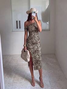 Casual Fashion Leopard Print One-Shoulder Sleeveless Midi Dress, High Slit Design, Suitable For Holidays, Date Nights, Carnivals, Vacations And Outings - Brown - View 5
